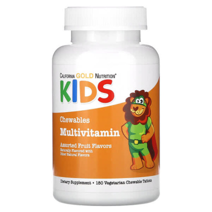 California Gold Nutrition, жевательные мультивитамины с витаминами A, C, E и яблочным порошком для детей, фруктовое ассорти, 180 вегетарианских таблеток