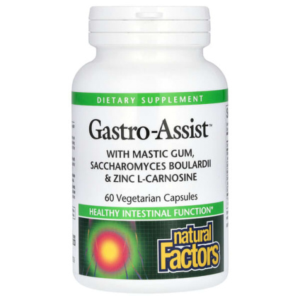 Natural Factors, Gastro-Assist™ с мастиковой смолой, сахаромицетами буларди и цинк-L-карнозином, пищевая добавка, 60 вегетарианских капсул
