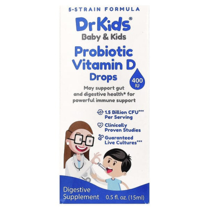 DrKids, для детей, пробиотик с витамином D в каплях, 15 мл (0,5 жидк. унции)