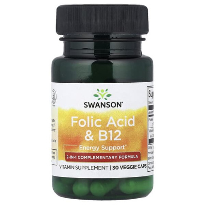 Swanson, Фолиевая кислота и витамин B12, 30 растительных капсул