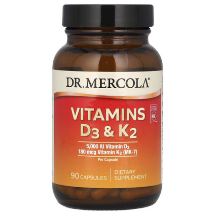 Dr. Mercola, витамины D3 и K2, 90 капсул