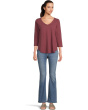 3/4 Sleeve V-Neck Tee with Curved Hem
