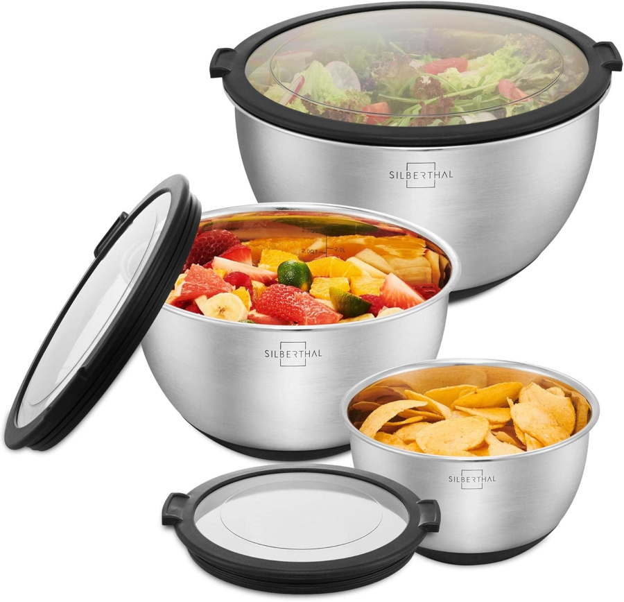 SILBERTHAL Edelstahl Schüssel Set mit Deckel - Rührschüsseln zum Servieren, Kochen, Backen, Aufbewahren - Rutschfester Boden - 3 Stück