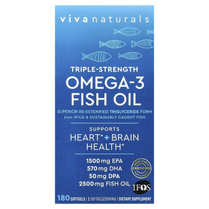 Viva Naturals, рыбий жир с омега-3, тройной концентрации, 180 капсул (1250 мг в 1 капсуле)