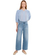 Shirred Crewneck Button-Up Top