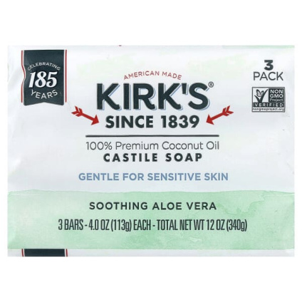 Kirks, 100% кусковое мыло с кокосовым маслом премиального качества, успокаивающее алоэ вера, 3 куска по 113 г (4 унции)