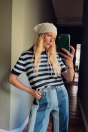Zara Синий / темно-синий вязаный ТОП С КОРОТКИМ РУКАВОМ