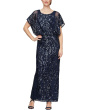 Long Blouson Column Dress with Flutter Sleeves