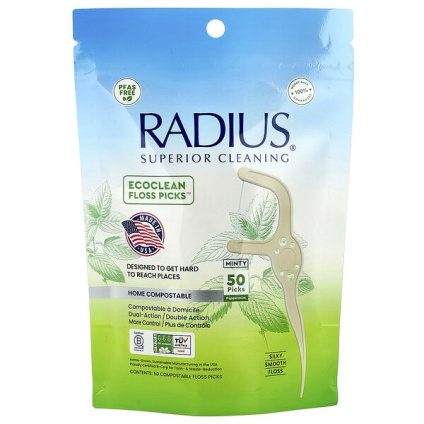 RADIUS, EcoClean Floss Picks ™, мятная мята, 50 компостируемых зубочисток