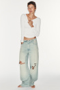 Zara Светло-голубые ДЖИНСЫ TRF С ЗАКАТАННЫМ ПОЯСОМ И РВАНЫМИ РУКАВАМИ