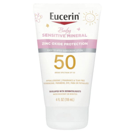 Eucerin, Для детей, минеральный солнцезащитный лосьон для чувствительной кожи, SPF 50, без отдушек, 118 мл (4 жидк. унц.)