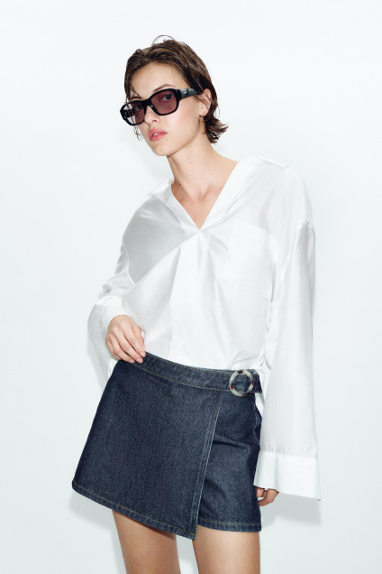 Zara Z1975 ДЖИНСОВАЯ ЮБКА-БРЮКИ С КРЕСТООБРАЗНОЙ ЗАСТЕЖКОЙ И ПРЯЖКОЙ 511860922-407-1