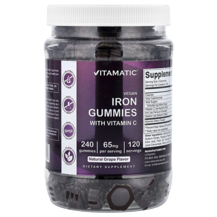 Vitamatic, веганские жевательные таблетки с железом с витамином C, со вкусом винограда, 240 жевательных таблеток