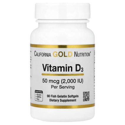 California Gold Nutrition, витамин D3, 50 мкг (2000 МЕ), 90 рыбно-желатиновых капсул