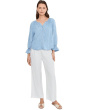 3/4 Sleeve Button Front Shirred Woven Top