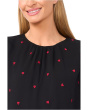 3/4 Sleeve Shirred Neck Embroidery Hearts Top