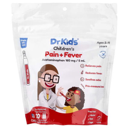 DrKids, средство от боли и лихорадки, для детей от 2 до 11 лет, с вишней, 20 отмеренных одноразовых флаконов, по 5 мл (0,17 жидк. унции)