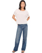 Short Sleeve Dolman Boat Neck Knit Top With Lace