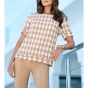 Bouclé-Bluse m. Pepita-Muster, ecru-camel