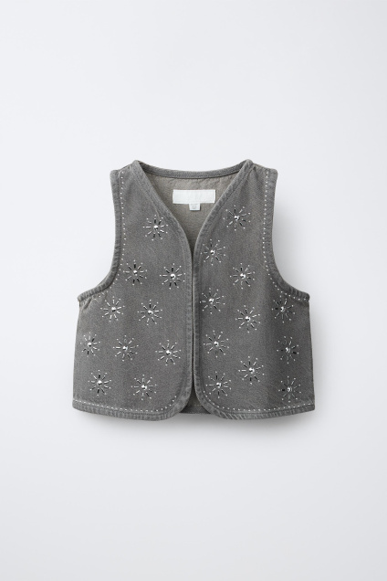 Zara ДЖИНСОВЫЙ ЖИЛЕТ СО СТРАЗАМИ 503701100-807-7