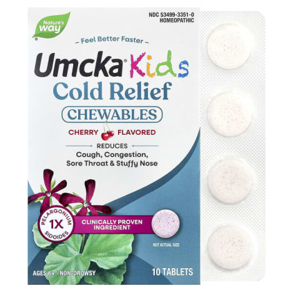 Natures Way, Umcka® Kids, жевательные таблетки для облегчения симптомов простуды, не вызывает сонливости, для детей от 6 лет, с вишневым вкусом, 10 таблеток