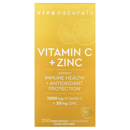 Viva Naturals, Витамин C + цинк, 250 растительных капсул