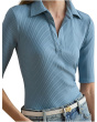 Rib-Knit Elbow-Sleeve Polo Tee