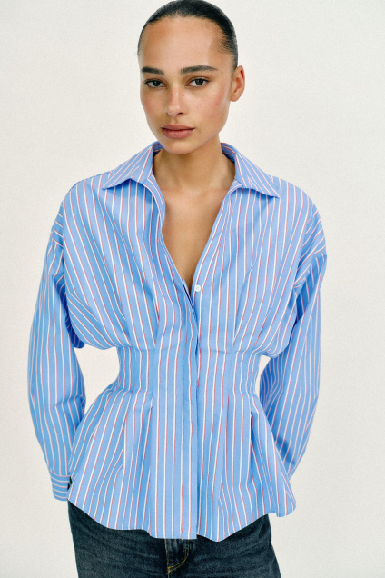 Zara РУБАШКА ИЗ ПОПЛИНА В ПОЛОСКУ С ДЕКОРАТИВНЫМИ СКЛАДКАМИ 539586024-944-1