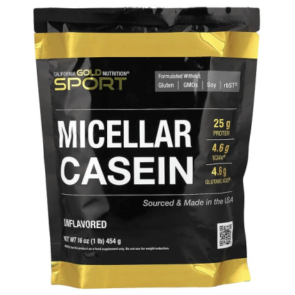 California Gold Nutrition, Sport, мицеллярный казеин, без добавок, медленное усвоение, 454 г (16 унций)