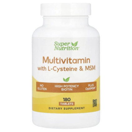 Super Nutrition, мультивитамины с L-цистеином, МСМ, витамином A и биотином, 180 таблеток