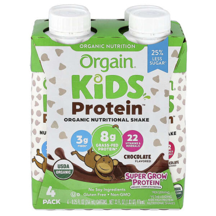 Orgain, Kids Protein™, органический питательный коктейль, шоколадный вкус, 4 пакетика по 244 мл (8,25 жидк. унции)