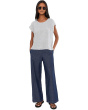 Puckered Organic Linen Stripe Jewel Neck Top