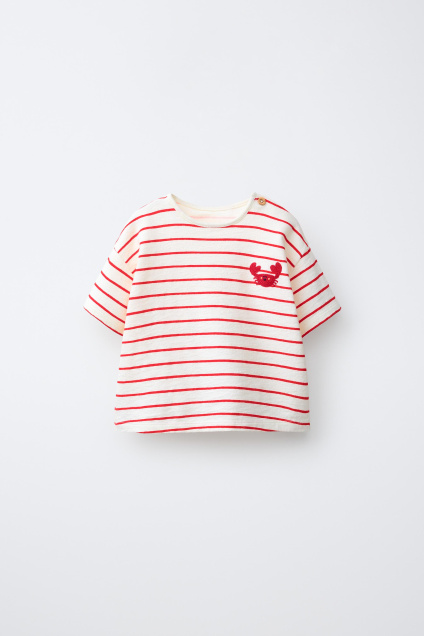 Zara ФУТБОЛКА В ПОЛОСКУ С ВЫШИВКОЙ РАКОМ 518661690-061-6