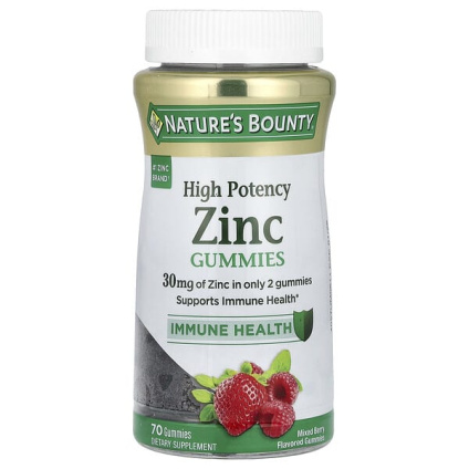 Natures Bounty, Жевательные мармеладки с цинком, высокоэффективные, ягодное ассорти, 70 жевательных таблеток (15 мг в 1 жевательной мармеладке)
