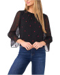3/4 Sleeve Shirred Neck Embroidery Hearts Top