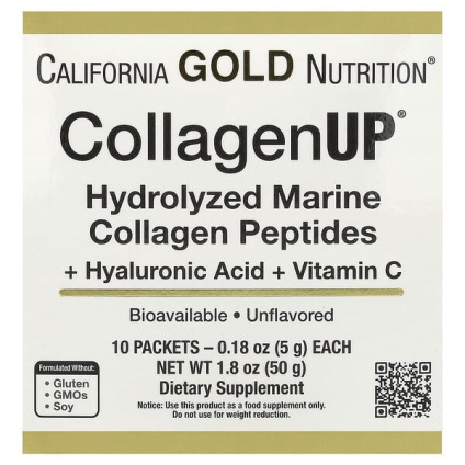 California Gold Nutrition, CollagenUP®, гидролизованные пептиды морского коллагена с гиалуроновой кислотой и витамином C, с нейтральным вкусом, 10 пакетиков по 5 г (0,18 унции)