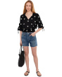 Embroidered Ruched Sleeve Smocked Top
