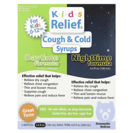 Homeolab USA, Kids Relief®, сиропы от кашля и простуды, дневное и ночное средство, 0–12 лет, 2 флакона по 100 мл (3,4 жидк. унц.)