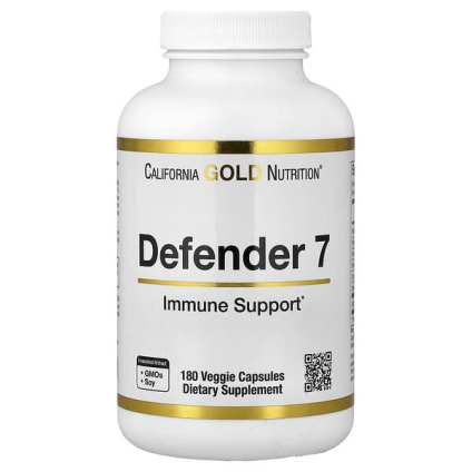California Gold Nutrition, Defender 7, добавка с витаминами A, C, D3 и B6, цинком, селеном и бета-глюканом, 180 растительных капсул