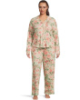 Plus Size Vintage Dreams Long Sleeve Notch Top & Long Pants Set With Picot Trim
