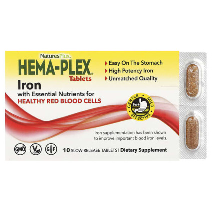 NaturesPlus, Hema-Plex®, железо с незаменимыми питательными веществами для здоровых эритроцитов, 10 таблеток медленного высвобождения