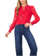 Smocked Cuff Ruffle Tie Neck Top