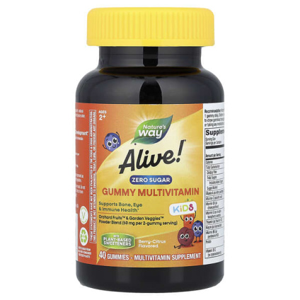 Natures Way, Alive! ® Kids, жевательные мультивитамины без сахара, для детей от 2 лет, ягодно-цитрусовые, 40 жевательных таблеток