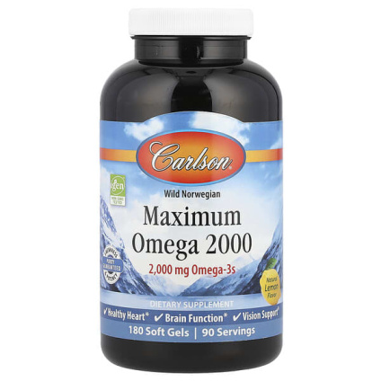 Carlson, Maximum Omega 2000, омега-3 кислоты из норвежской рыбы дикого улова, с натуральным лимонным вкусом, 2000 мг, 180 капсул (1000 мг в 1 капсуле)